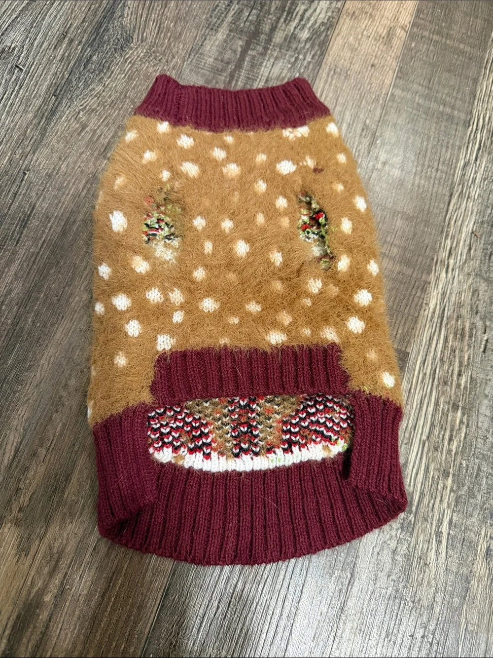 Fawn Reindeer Holiday Knit Pet Sweater in Brown and Burgundy